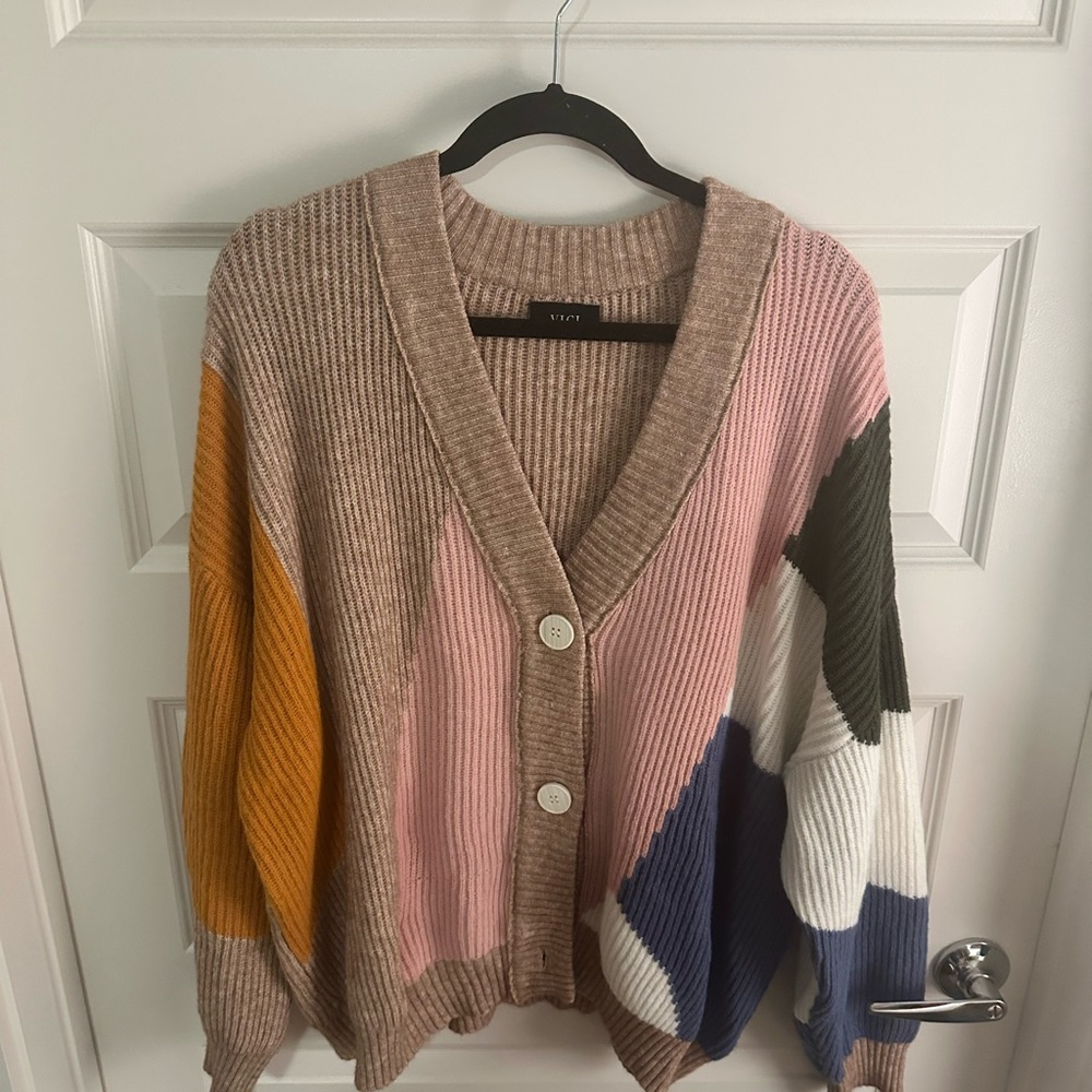 VICI Glee Button Front Colorblock Cardigan - Pink Multi - Large